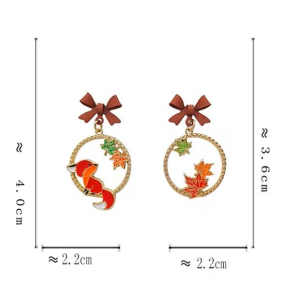 Autumn Fall Leaves & Fox Mis-match Bow Top Drop Gold Plated Dangle Earrings - Picture 3 of 3